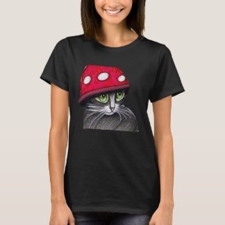 Camiseta Gato Bonito Vestindo Um Chapéu De Cogumelo