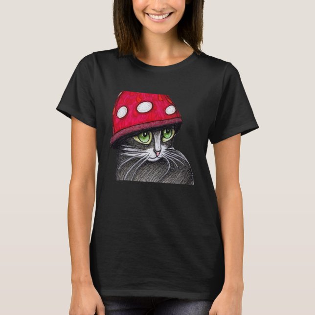 Camiseta Gato Bonito Vestindo Um Chapéu De Cogumelo (Frente)