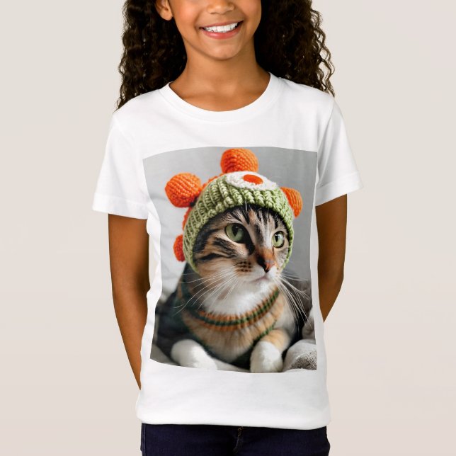Camiseta Gato Bonito Vestindo um Chapéu Knit Yoshi (Frente)