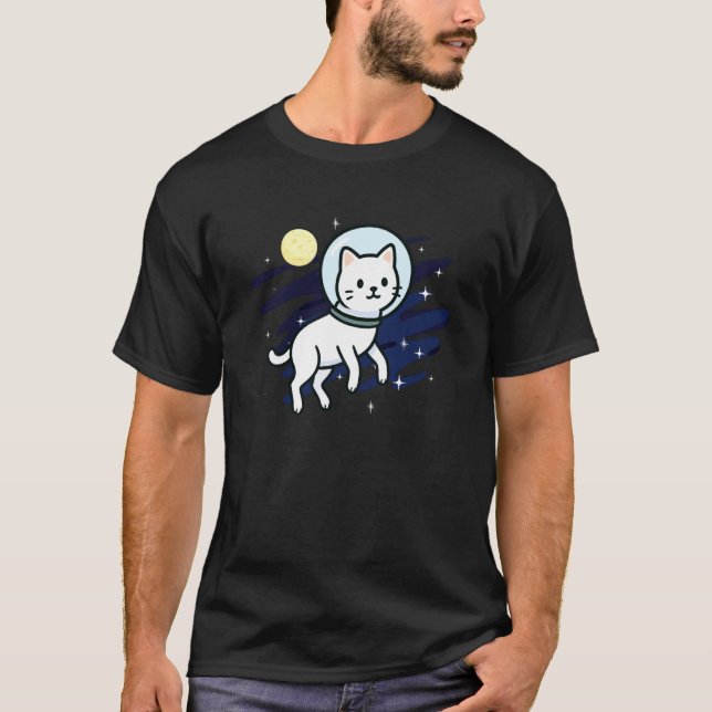 Camiseta Gato Branco Astronauta Espacial Lua Mãe Amante de  (Frente)