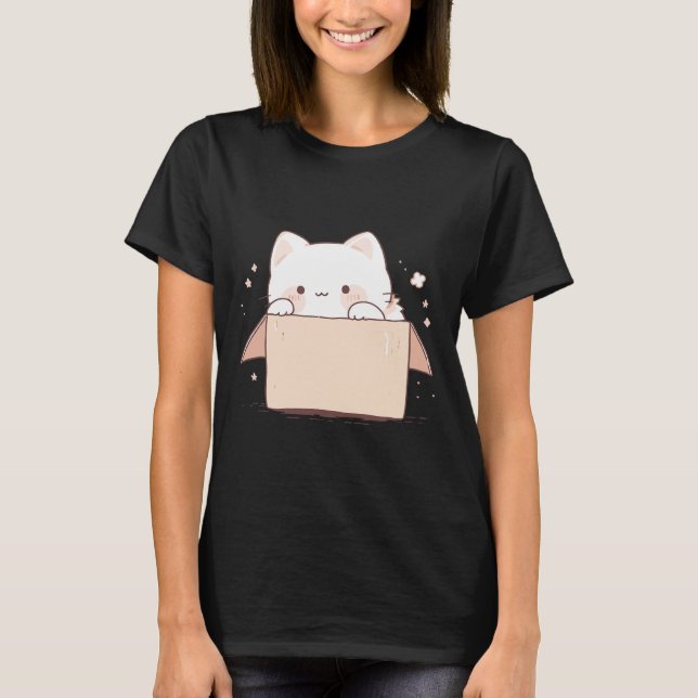 Camiseta Gato Branco Bonito Em Uma Caixa Cartoon Kawaii Jap (Frente)