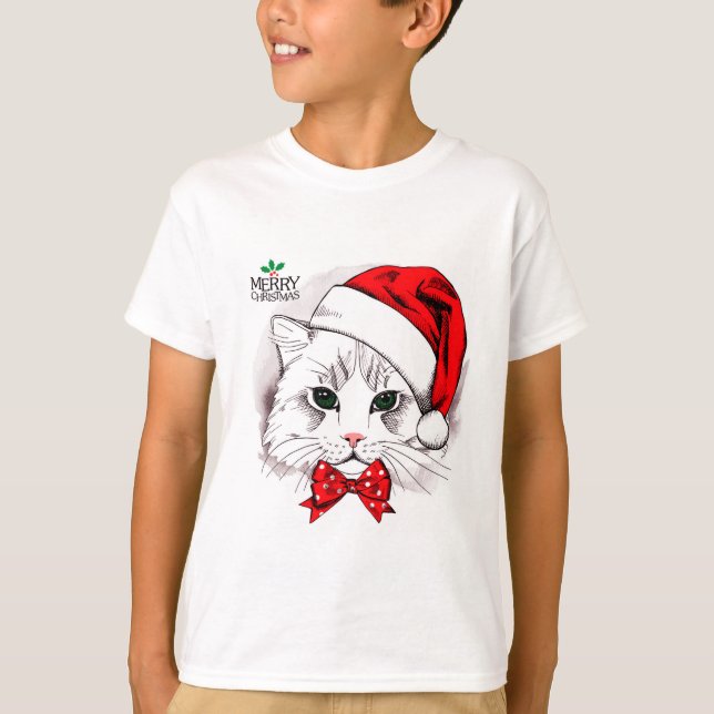 Camiseta Gato Branco Bonito Feliz Natal (Frente)