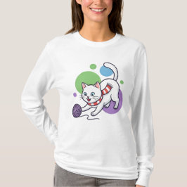 Camiseta Gato Branco Brincalhão Com Linha