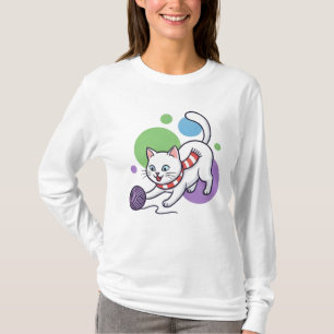 Camiseta Gato Branco Brincalhão Com Linha