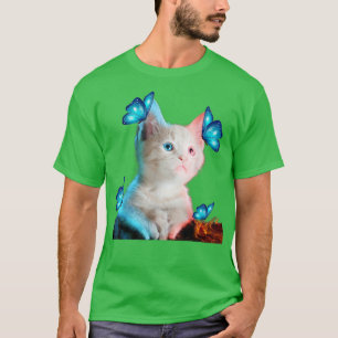 Camiseta Gato Branco Cinto Com Adoção De Gato De Borboleta