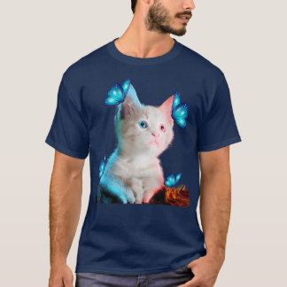 Camiseta Gato Branco Cinto Com Adoção De Gato De Borboleta