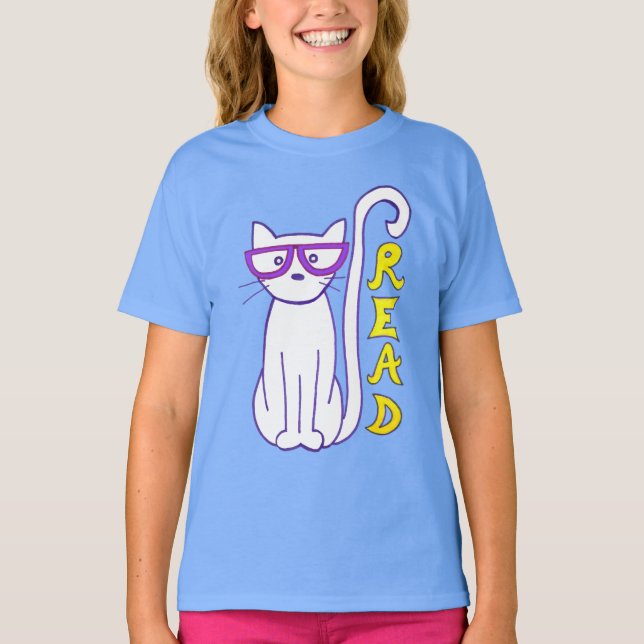 Camiseta Gato branco com óculos roxos com sinal de leitura (Frente)