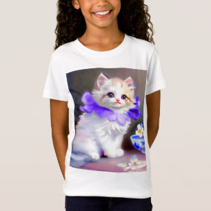 Camiseta Gato branco com pintura de colarinho de flores rox