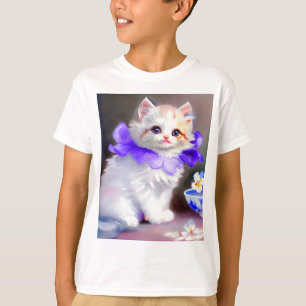 Camiseta Gato branco com pintura de colarinho de flores rox