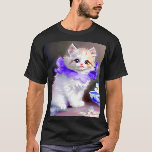 Camiseta Gato branco com pintura de colarinho de flores rox (Frente)