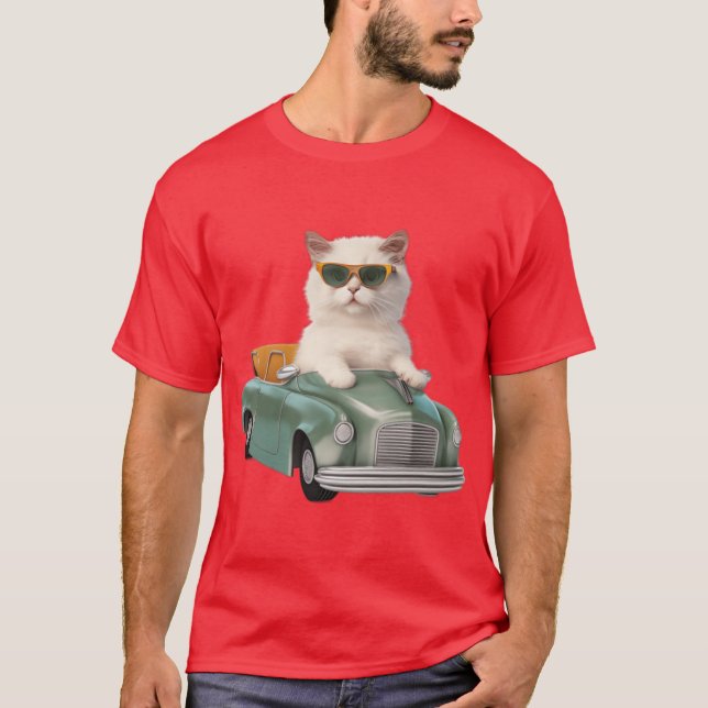 Camiseta Gato branco com sombras dirigindo um (Frente)