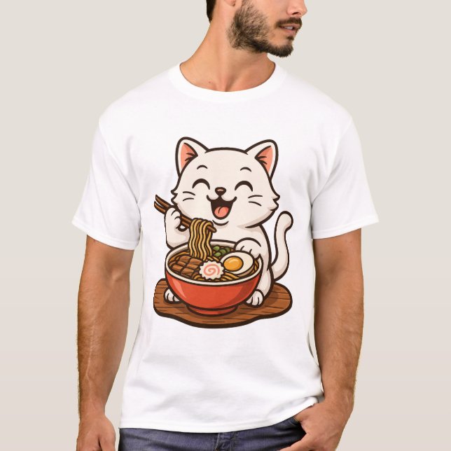 Camiseta Gato Branco Comendo Ramen (Frente)