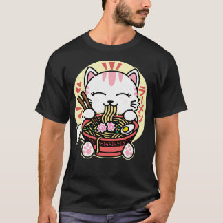 Camiseta Gato Branco Comendo Ramen