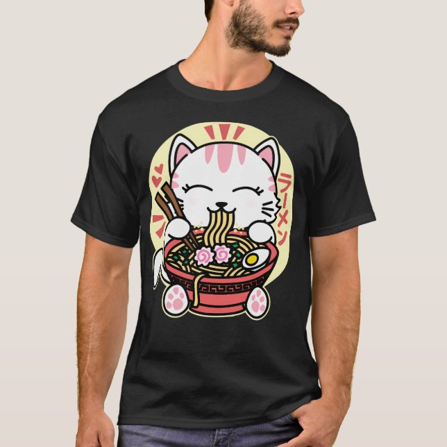 Camiseta Gato Branco Comendo Ramen (Frente)