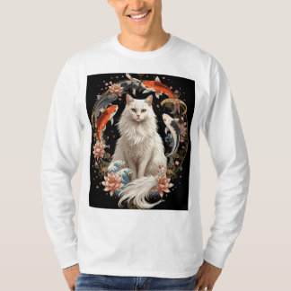 Camiseta Gato Branco Elegante com Koi