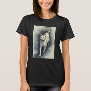 Camiseta Gato Branco em Estilo de Desenho a Tinta Chinesa