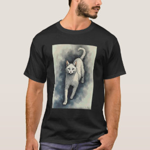 Camiseta Gato Branco em Estilo de Desenho a Tinta Chinesa