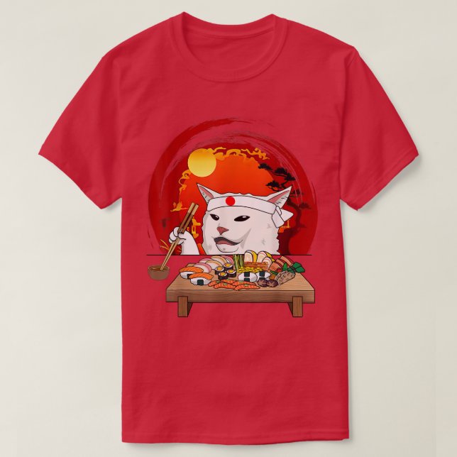 Camiseta Gato Branco Engraçado Comendo Gato Sushi Kawaii Su (Frente do Design)