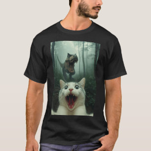 Camiseta Gato Branco Engraçado Selfie Com Dinossauro T-rex,