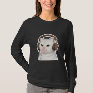 Camiseta Gato Branco Engraçado Soprando Balão de Goma + Fon