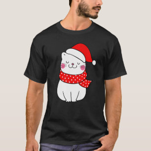 Camiseta Gato Branco Fofinho Chapéu e Cachecol de Natal do