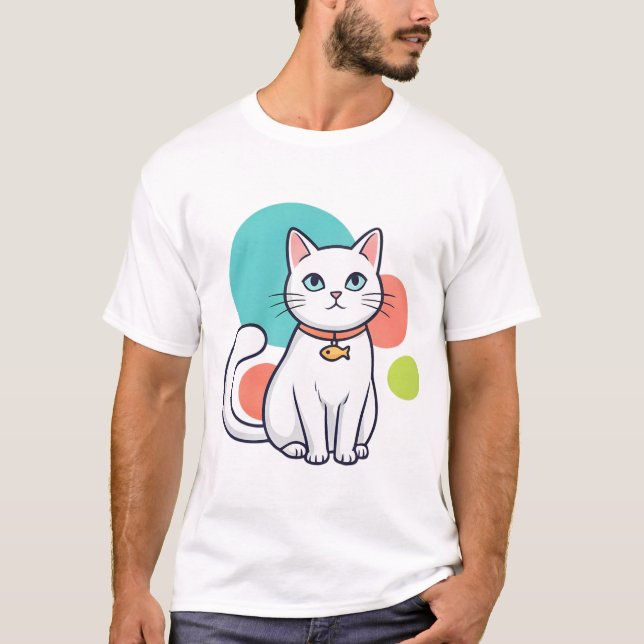 Camiseta Gato Branco Fofo com Colar de Peixe (Frente)