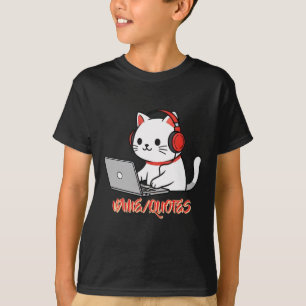 Camiseta Gato Branco Fofo com Fones de Ouvido Vermelhos no
