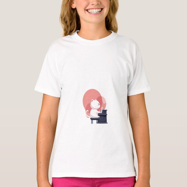 Camiseta Gato Branco Fofo Tocando Piano Crianças (Frente)