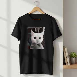 Camiseta Gato Branco Marcante com Olhos Grandes Preto Mascu