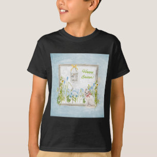 Camiseta Gato branco no pássaro de observação do jardim
