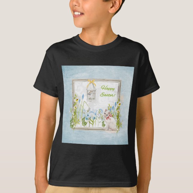 Camiseta Gato branco no pássaro de observação do jardim na (Frente)