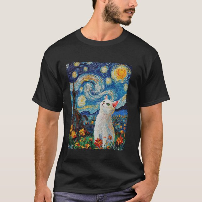 Camiseta Gato Branco Noite Estrelada Van Gogh (Frente)
