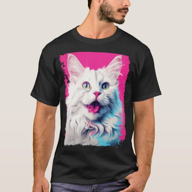 Camiseta Gato Branco Pop Art Rosa (Frente)