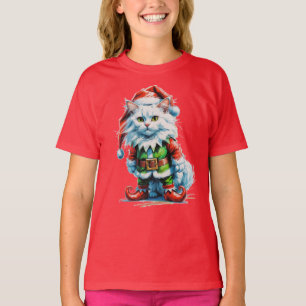 Camiseta Gato branco vestido de elfo Papai noel!