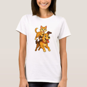 Camiseta Gato Brincalhão Montado em um Cachorro Fofo – Aleg