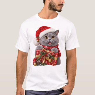 Camiseta Gato British Shorthair de Natal Com Chapéu de Papa