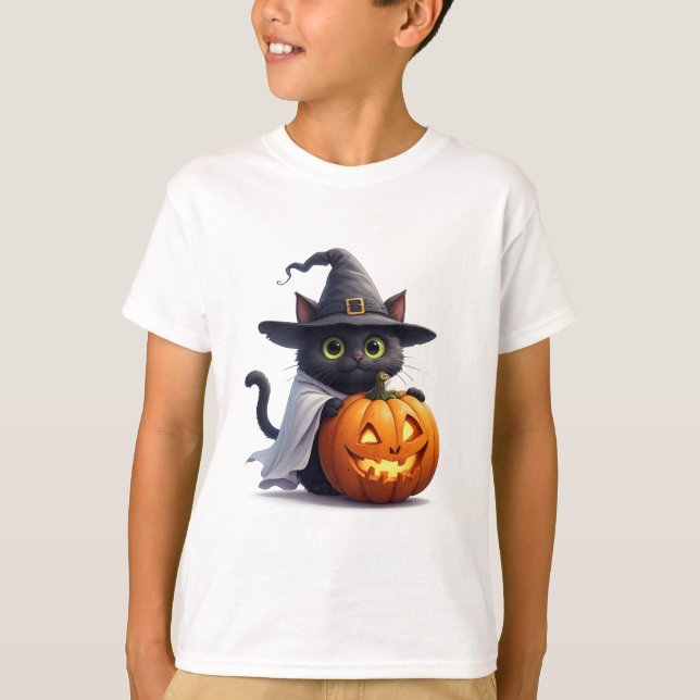 Camiseta Gato Bruxa Com Tema de Halloween de Abóbora 🎃 (Frente)