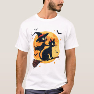 Camiseta Gato Bruxa em uma Vassoura � Vetor de Noite de Hal