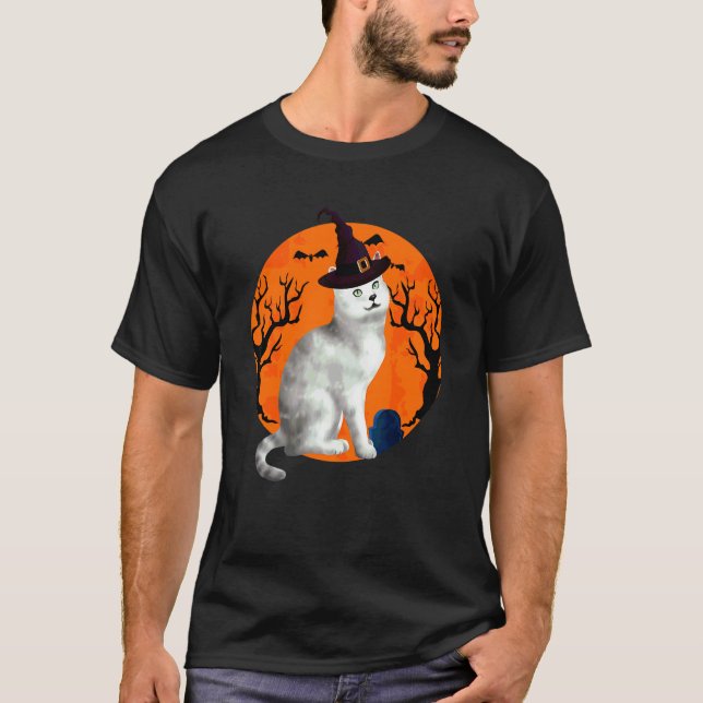 Camiseta Gato Burmilla Chapéu de Bruxa de Halloween e Lua (Frente)