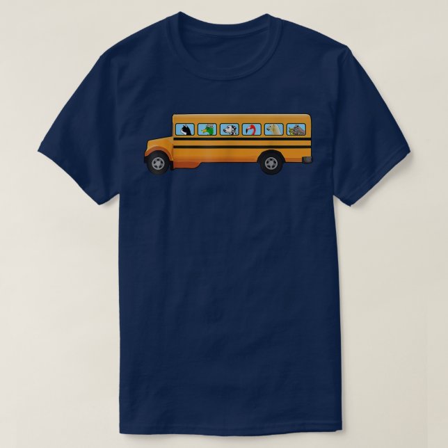 Camiseta Gato, Cachorro e Pato num Ônibus Escolar Engraçado (Frente do Design)