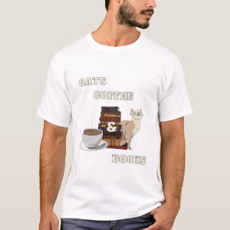 Camiseta Gato, café e livros