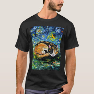 Camiseta Gato Calico Adormecido Noite Estrelada Animal Arte