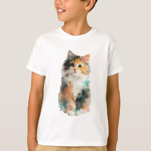 Camiseta Gato Calico de Aquarela Fofa para Crianças