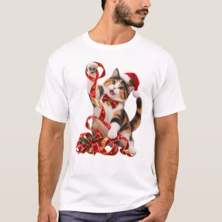Camiseta Gato Calico de Natal Brincando Com Fita