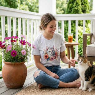 Camiseta Gato Calico em Aquarela & Flores de Cosmo Presen