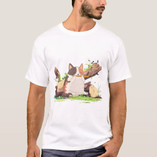 Camiseta Gato Calico Fofo Tocando Flauta na Floresta Ilustr