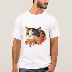 Camiseta Gato Calico Kawaii Arte Floral Escondido