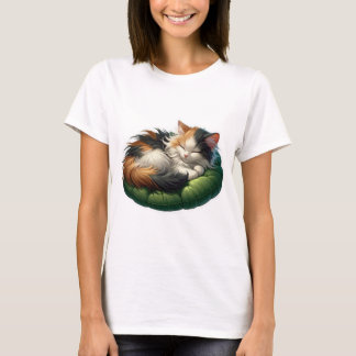 Camiseta Gato Calico Molhado Dormindo em uma almofada verde