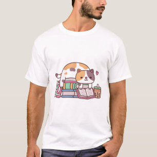 Camiseta Gato Calico Que Lê Um Livro Sobre Pilha De Livros