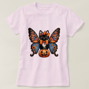 Camiseta Gato Caprichoso Com Asas de Borboleta e Abóbora